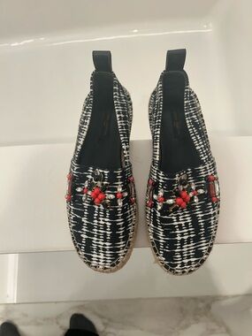 Louis Vuitton Embellished Black & White Patterned Espadrille Loafers - Women 36/